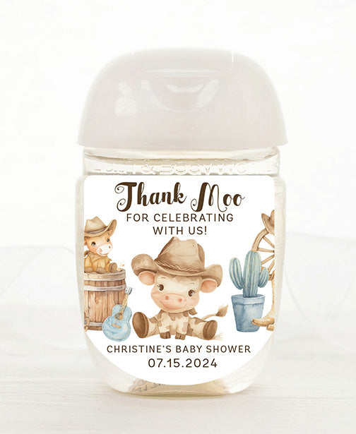 Cow Cowboy Baby Shower Hand Sanitizer Label