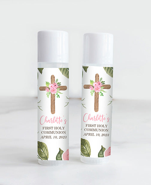 Pink Cross First Communion Lip Balm Labels