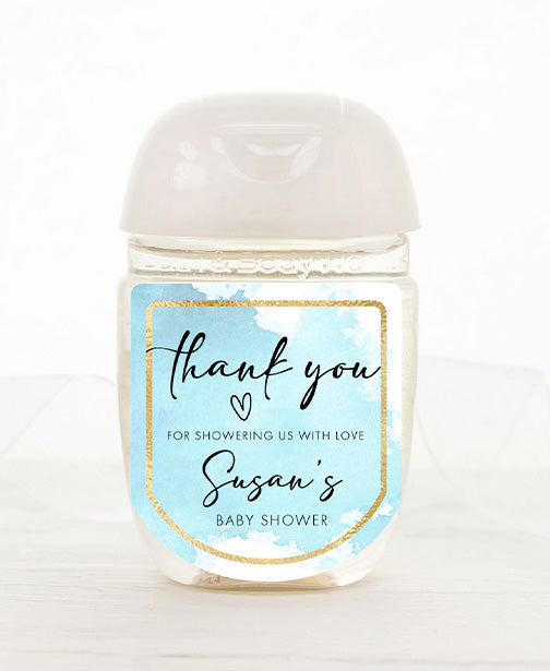 Blue Watercolor Baby Shower Hand Sanitizer Label
