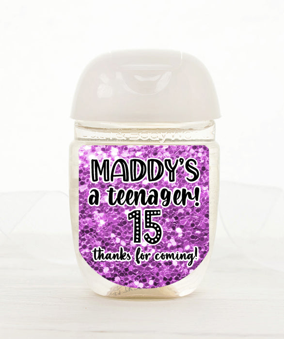 Purple Glitter Birthday Hand Sanitizer Label