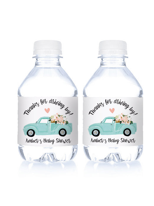 Teal Truck Drive By Baby Shower Water Bottle Labels