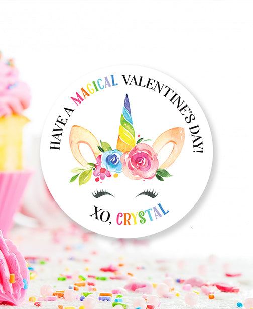 watercolor magical unicorn valentine party stickers