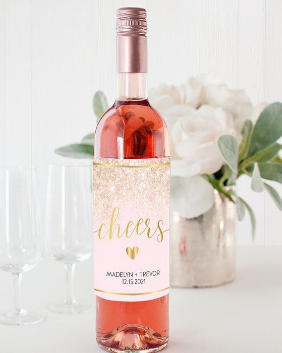 Pink Glitter Cheers Wine Labels