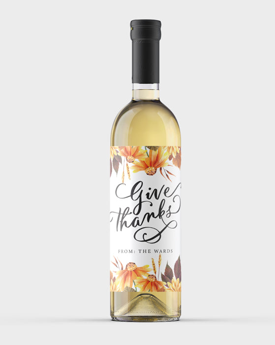 Give Thanks Autumn Floral Thanksgiving Wine Labels