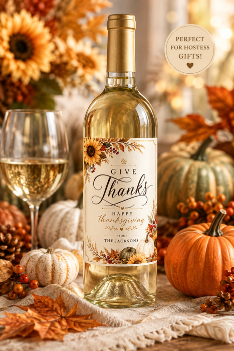 Give Thanks Autumn Floral Thanksgiving Wine Labels