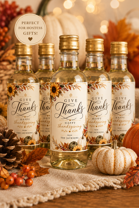 Give Thanks Autumn Floral Thanksgiving Wine Labels