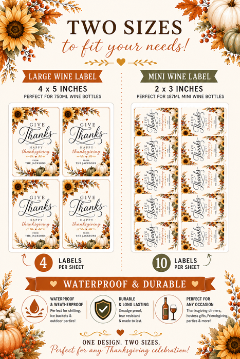 Give Thanks Autumn Floral Thanksgiving Wine Labels