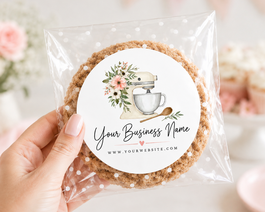 A hand holds a clear cellophane gift bag containing a round brown cookie or biscuit with a printed round label. The label features a watercolor stand mixer illustration and the text 'Your Business Name' with a website placeholder.