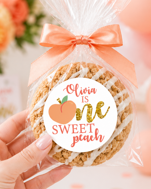 A hand holds a packaged peach-themed cookie with a clear cellophane bag, peach ribbon, and a round label reading 'Olivia is one Sweet peach.' The background is softly blurred with peach balloons and flowers.