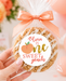 A hand holds a packaged peach-themed cookie with a clear cellophane bag, peach ribbon, and a round label reading 'Olivia is one Sweet peach.' The background is softly blurred with peach balloons and flowers.