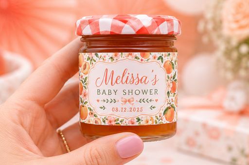 A hand holds a small glass jar of honey with a custom printed label reading 'Melissa's Baby Shower' and a red-and-white gingham lid, against a soft peach-themed party background with flowers and a gift box.
