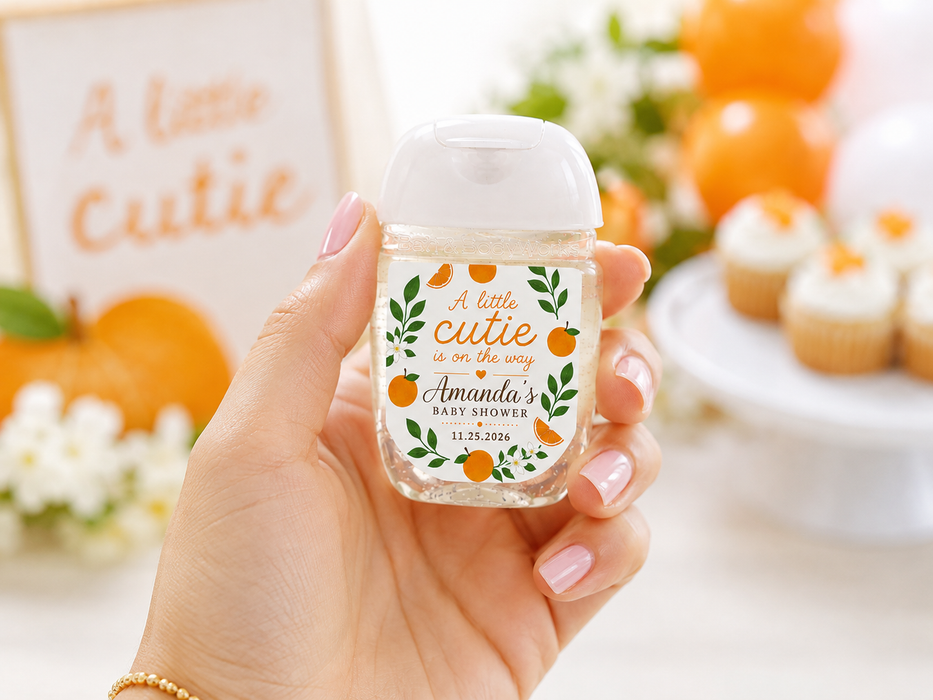Orange Cutie Baby Shower Hand Sanitizer Label