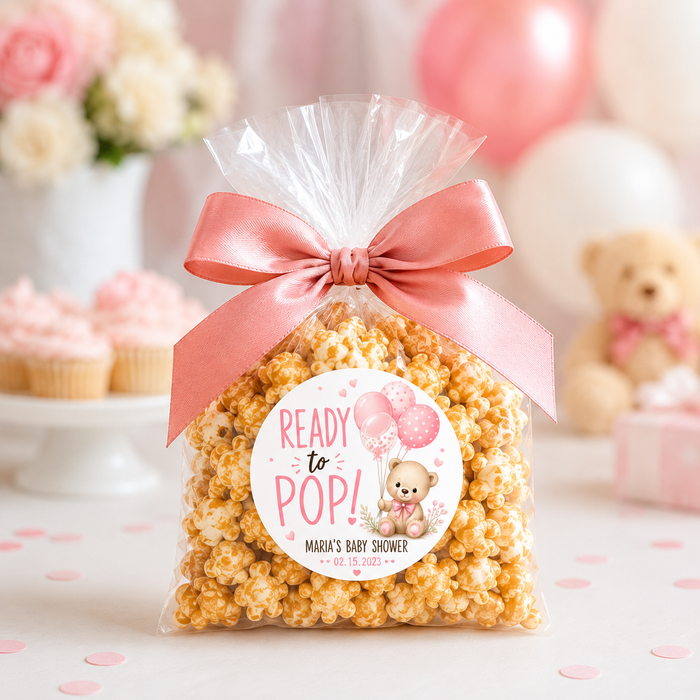 Pink Bear Ready to Pop Baby Shower Stickers