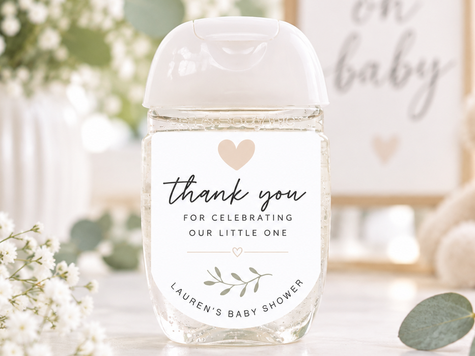 Minimalist Heart Baby Shower Hand Sanitizer Labels