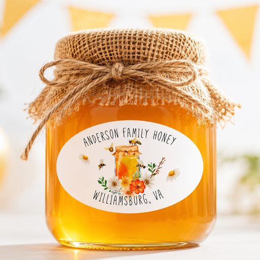 A glass jar of Anderson Family Honey with a burlap-wrapped lid and twine bow, featuring a custom white oval label with bee illustrations and the text 'ANDERSON FAMILY HONEY WILLIAMSBURG, VA'.
