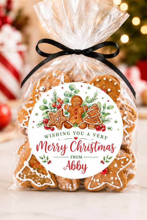 A clear cellophane bag filled with gingerbread cookies, tied with a black ribbon, and featuring a round holiday label that reads 'Wishing You a Very Merry Christmas From Abby.' The background shows a softly blurred Christmas scene with warm lights and ornaments.