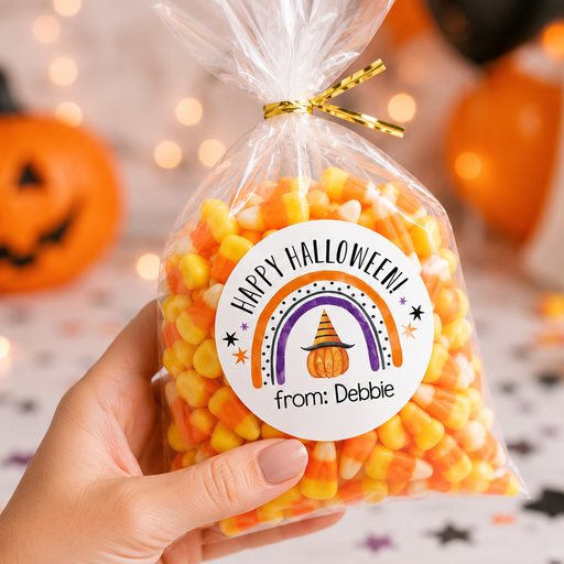 A hand holds a clear cellophane bag filled with candy corn, tied with a gold ribbon, and labeled 'Happy Halloween! from: Debbie' against a festive Halloween background with pumpkins, balloons, and string lights.