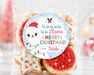 A clear plastic bag containing assorted Christmas cookies, including red-sprinkled round cookies and a white-sprinkled star-shaped cookie, with a round personalized holiday label reading 'Fa la la la la la Llama MERRY CHRISTMAS! From: Natalie' on a light background with blurred festive decor.