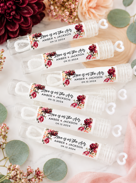 Burgundy Floral Wedding Bubble Wand Sticker Labels
