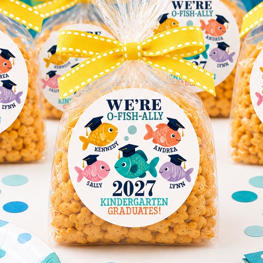 Packaged snacks with fish-themed labels on a colorful underwater-themed background