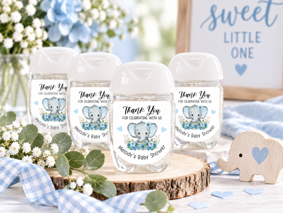 Blue Elephant Baby Shower Hand Sanitizer Labels