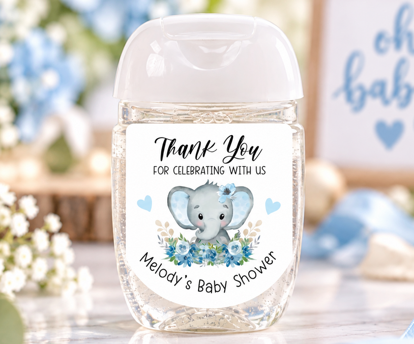 Blue Elephant Baby Shower Hand Sanitizer Labels