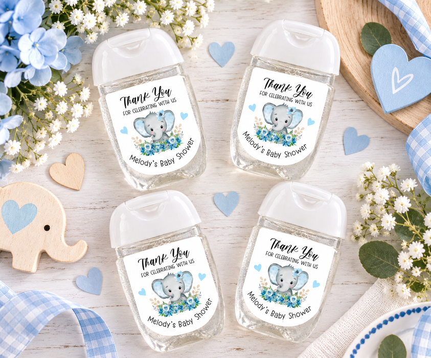 Blue Elephant Baby Shower Hand Sanitizer Labels