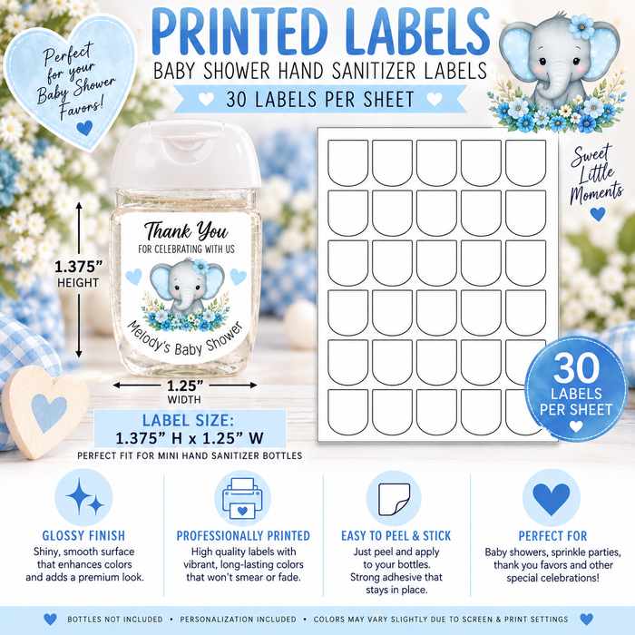 Blue Elephant Baby Shower Hand Sanitizer Labels