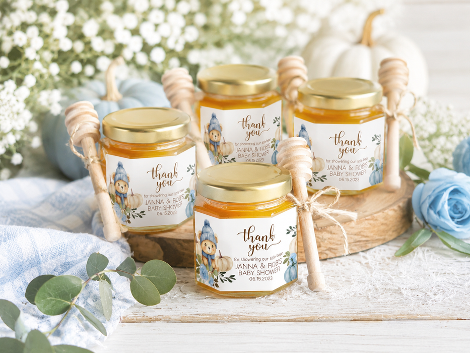 Fall Blue Bear Baby Shower Mini Honey Jar Stickers