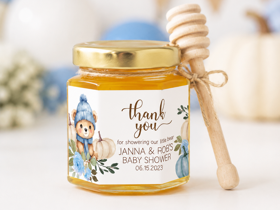 Fall Blue Bear Baby Shower Mini Honey Jar Stickers