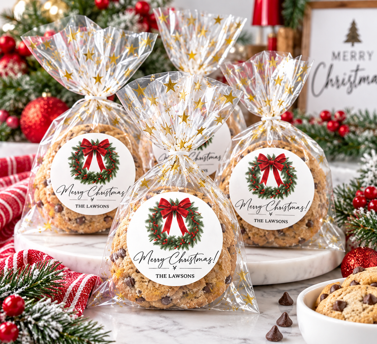 Red Bow Wreath Christmas Sticker Labels