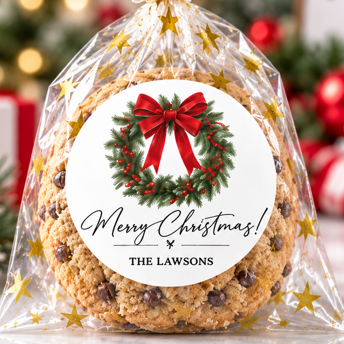 Red Bow Wreath Christmas Sticker Labels