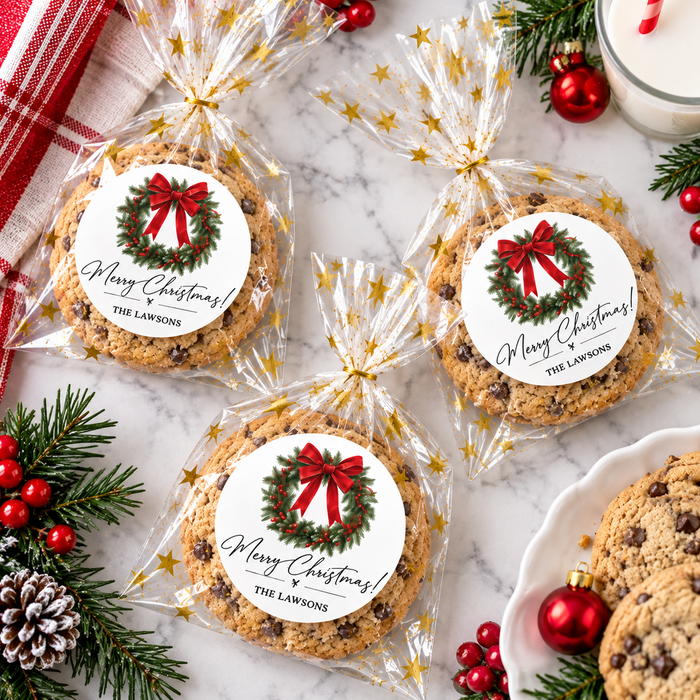 Red Bow Wreath Christmas Sticker Labels