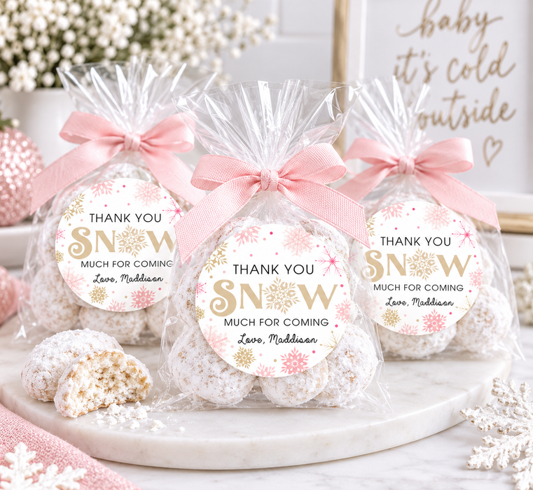 Pink Snowflake Birthday Party Stickers