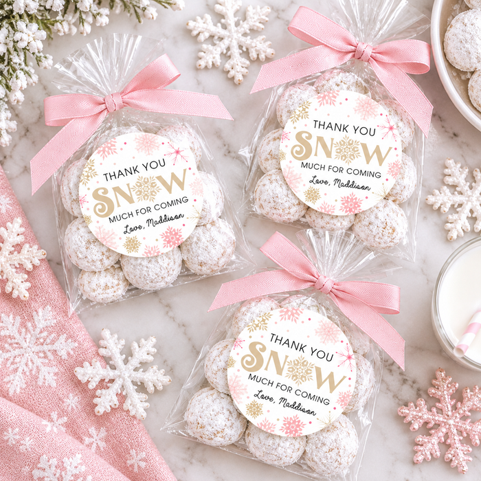 Pink Snowflake Birthday Party Stickers