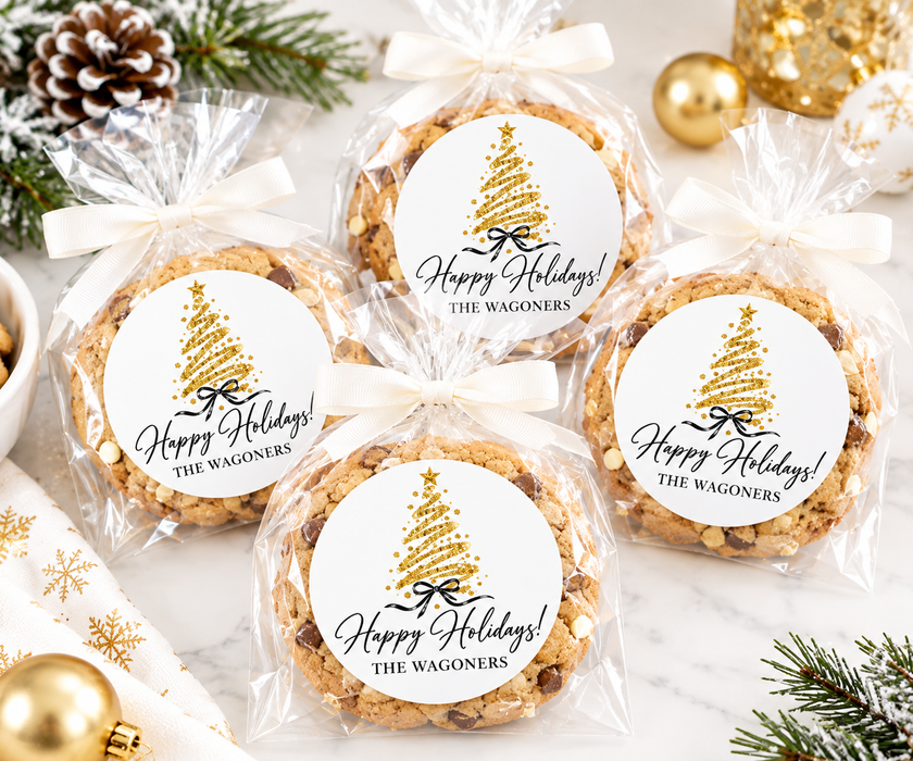 Gold Glitter Tree Christmas Sticker Labels