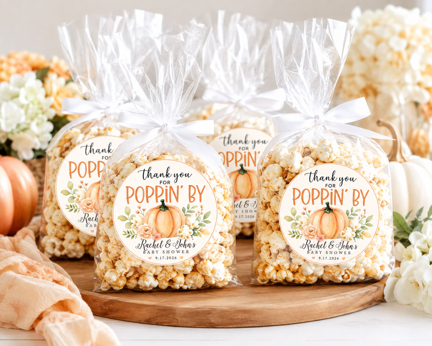 Thank You for Poppin' By Orange Pumpkin Baby Shower Stickers