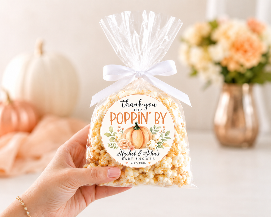 Thank You for Poppin' By Orange Pumpkin Baby Shower Stickers