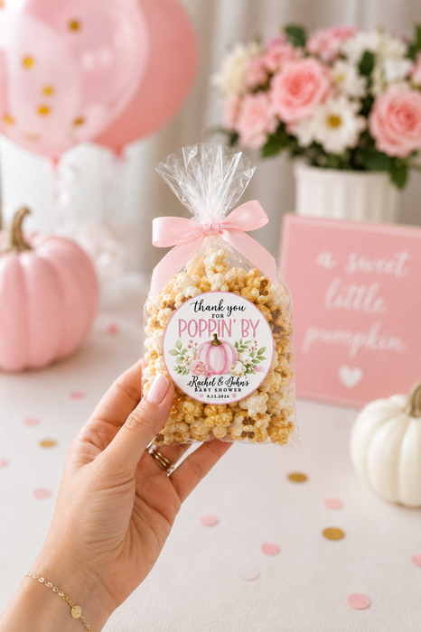 Thank You for Poppin' By Pink Pumpkin Baby Shower Stickers