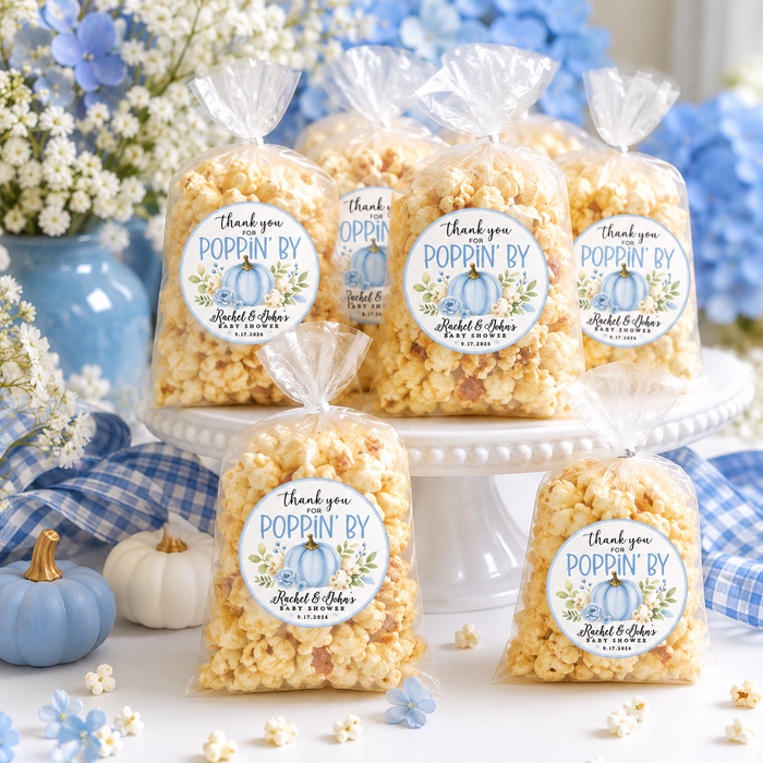 Thank You for Poppin' By Blue Pumpkin Baby Shower Stickers