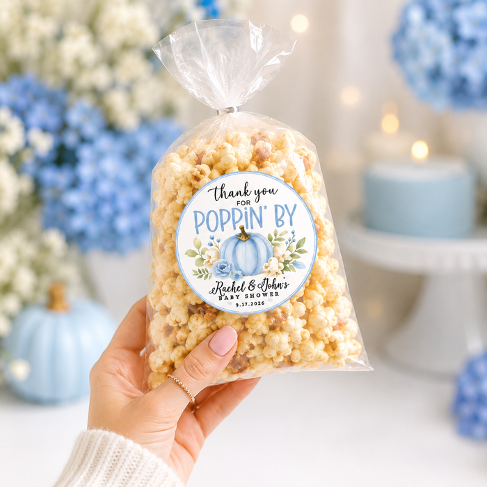 Thank You for Poppin' By Blue Pumpkin Baby Shower Stickers