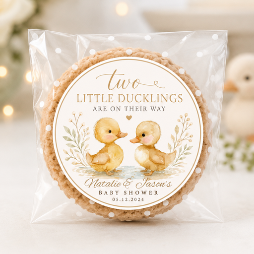 A round decorated cookie sealed in a clear plastic bag with a printed label that reads 'two LITTLE DUCKLINGS ARE ON THEIR WAY' and shows two yellow ducklings with the names 'Nicole & Jason's BABY SHOWER' and a date. The photo is taken on a light tabletop with soft blurred flowers and a duck toy in the background.