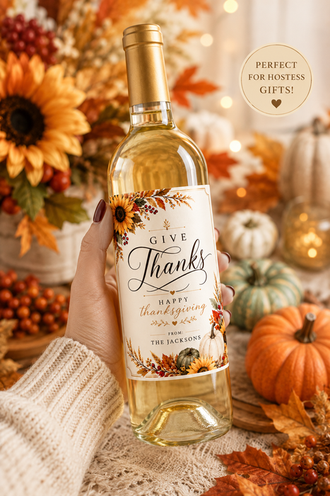 Give Thanks Autumn Floral Thanksgiving Wine Labels