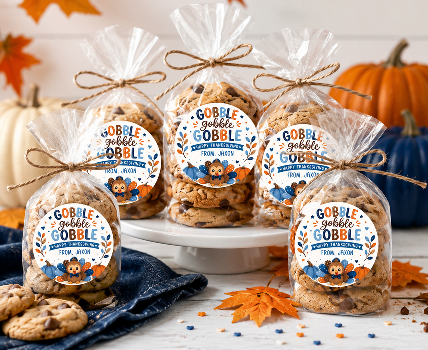 Blue Gobble Gobble Thanksgiving Favor Stickers