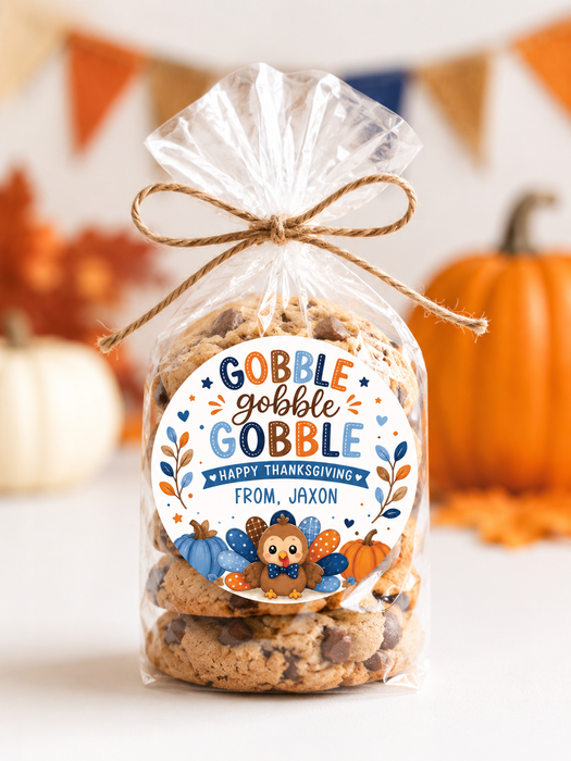 Blue Gobble Gobble Thanksgiving Favor Stickers
