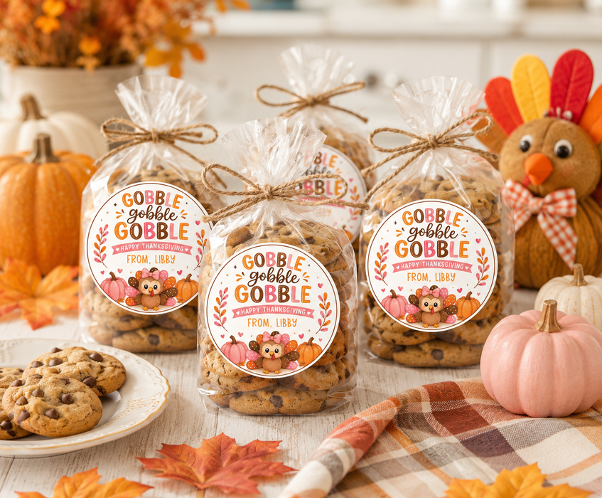 Pink Gobble Gobble Thanksgiving Favor Stickers