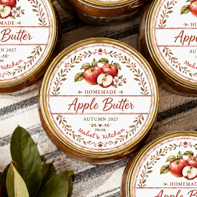 Five round metal jars of apple butter arranged on a striped fabric surface with red apples, leaves, and a wooden spoon around them. The labels read 'Homemade Apple Butter' with autumn apple illustrations and the date Autumn 2027.