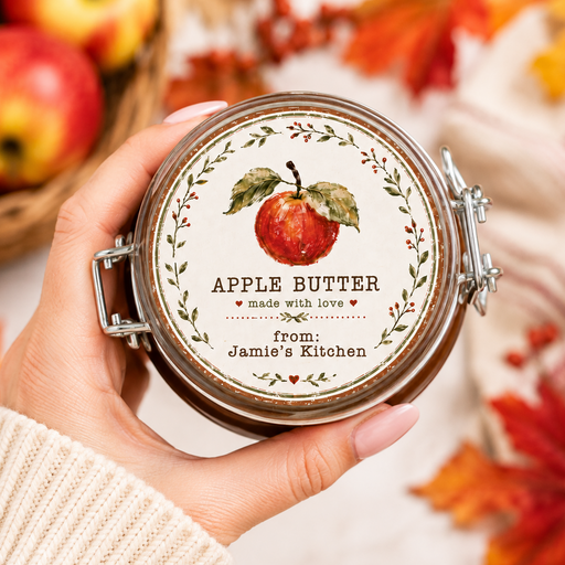 A hand holds a glass jar of apple butter with a decorative lid label featuring an apple illustration and the text 'APPLE BUTTER made with love from: Jamie's Kitchen.' The scene is styled with apples in a basket and autumn leaves on a light surface.