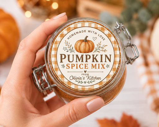 A hand holds a glass jar of pumpkin spice mix decorated with a fall-themed label. The background is a styled flat-lay with decorative pumpkins, a fall leaf, and a cozy blanket.