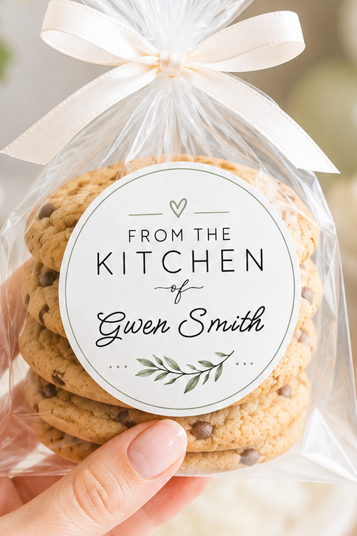 A hand holds a clear cellophane bag of cookies tied with a cream ribbon, featuring a round printed label that reads 'FROM THE KITCHEN of Gwen Smith.' The background is softly blurred with white flowers, balloons, and a cupcake, suggesting a wedding or celebratory setting.